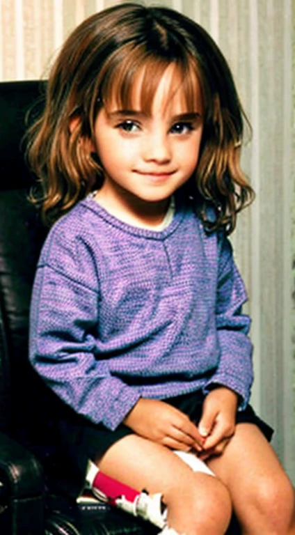 Small with pale, silky, short light brown hair with small curls and light blue eyes, taking a photo smiling showing the distracted tongue and the quality of old cameras