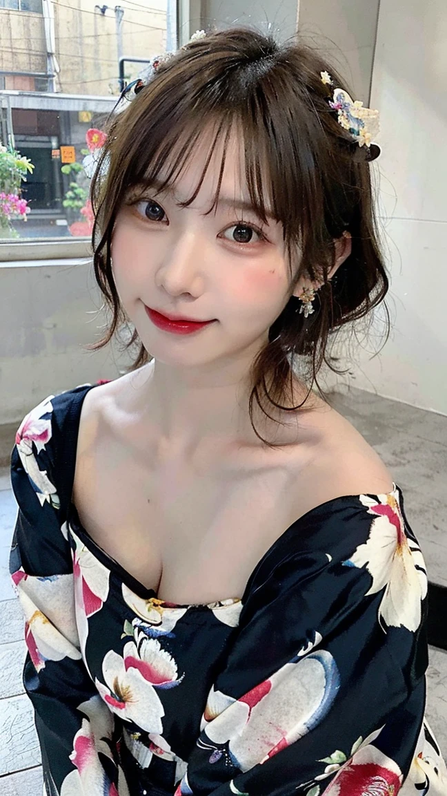 Pale red yukata、Large patterned fabric、White bra、night、night景、Upstyle Hair、Yukata removed up to the shoulders、Very large breasts、Very thin and long legs、Perfect figure、whole body、smile)、1 female、No makeup、23 years old、(masterpiece、8K,RAW Photos、High resolution:1.4)