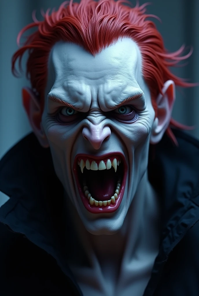 An adult man with reddish hair and completely white eyes, big and intimidating. very pale (vampire)