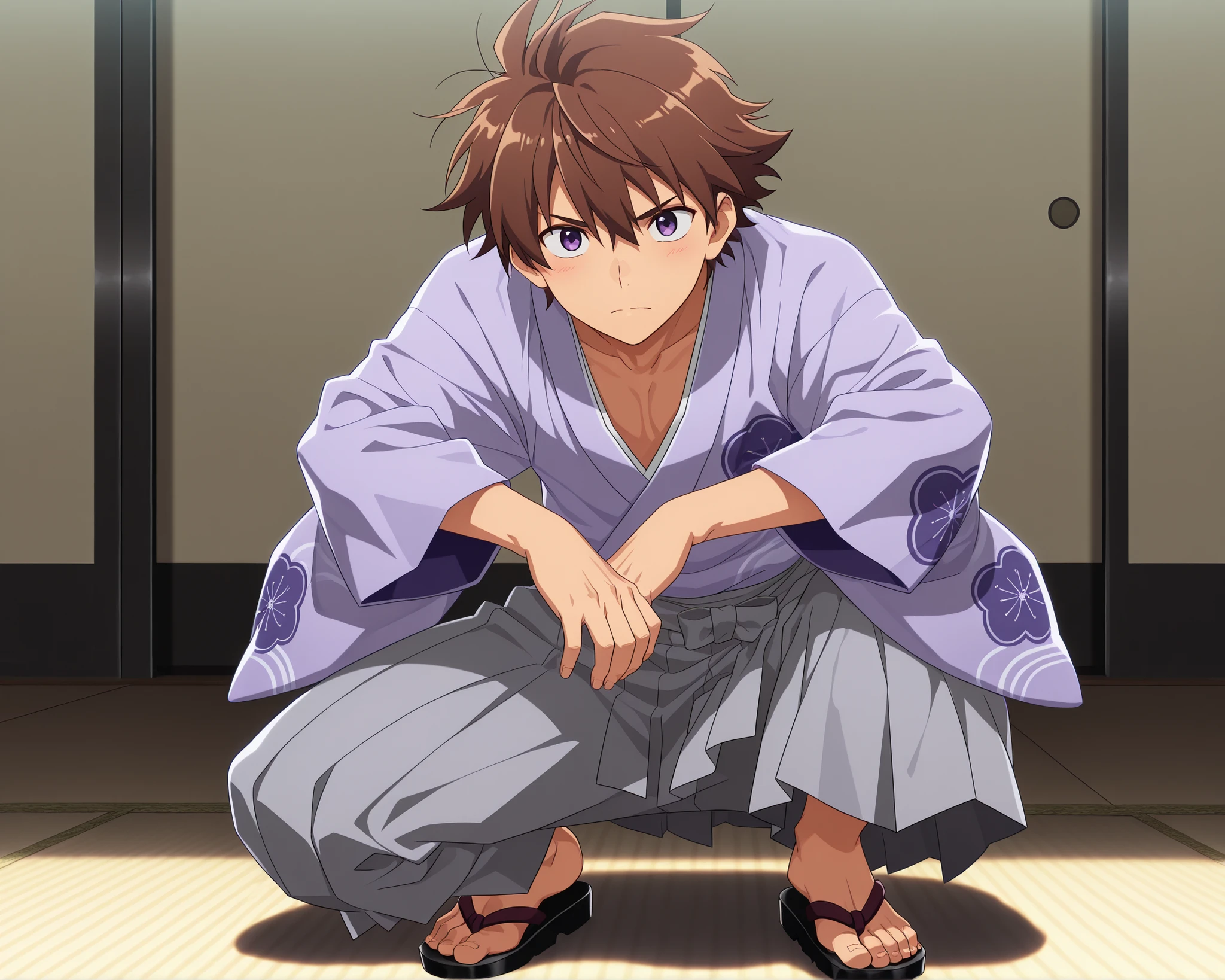 ((masterpiece)), ((best quality)), ((ultra-detailed)), score_9_up, score_8_up, score_7_up, HD, top quality, best quality, High-quality illustrations, anime screencap, perfect anatomy, solo, 1boy, 1male, male anime character, anime boy, Takeru Taiga, brown hair, purple eyes, Japanese, japanese clothes, grey hakama pants, very long sleeved Purple kimono, getas, Japanese sandals,