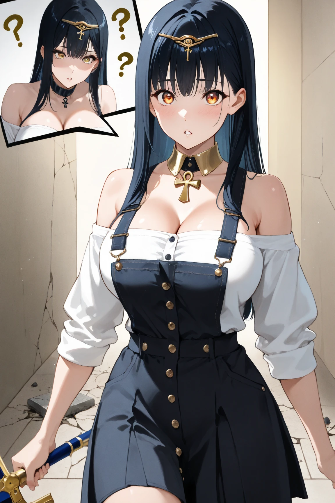 (artwork, best quality) a girl with long messy blue hair, blue eyes, blue eyelashes, blue denim mini shorts, long black stockings, off the shoulder top, standing, tattoo, perfect big body, 4k hd, upset, blushing, in a room, taking a picture of herself in the mirror, with her cell phone