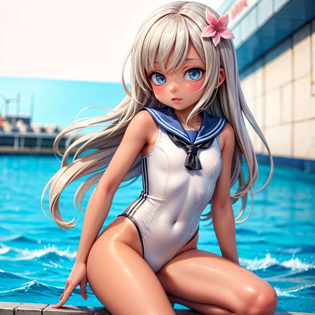 1 lady, HD quality, anime, solo full body shot, beautiful detailed face, (sitting with hands back:1.3), (open legs to limit:1.3), (with one knee up:1.3), (showing pubic area:), (under boob:1.5), (Large breasts), (cleavage), shiny skin, (oiled skin:1.5), smiling, (thin thighs:1.8), (Sailor uniform only for the upper body:1.5), (Crop Top sheer white shirt:1.5), (sleeveless:1.6), without brassiere, (sheer white tiny micro thong:1.5), poolside, (Green detailed eyes), blue sailor collar, high-heeled shoes, red ribbon tie