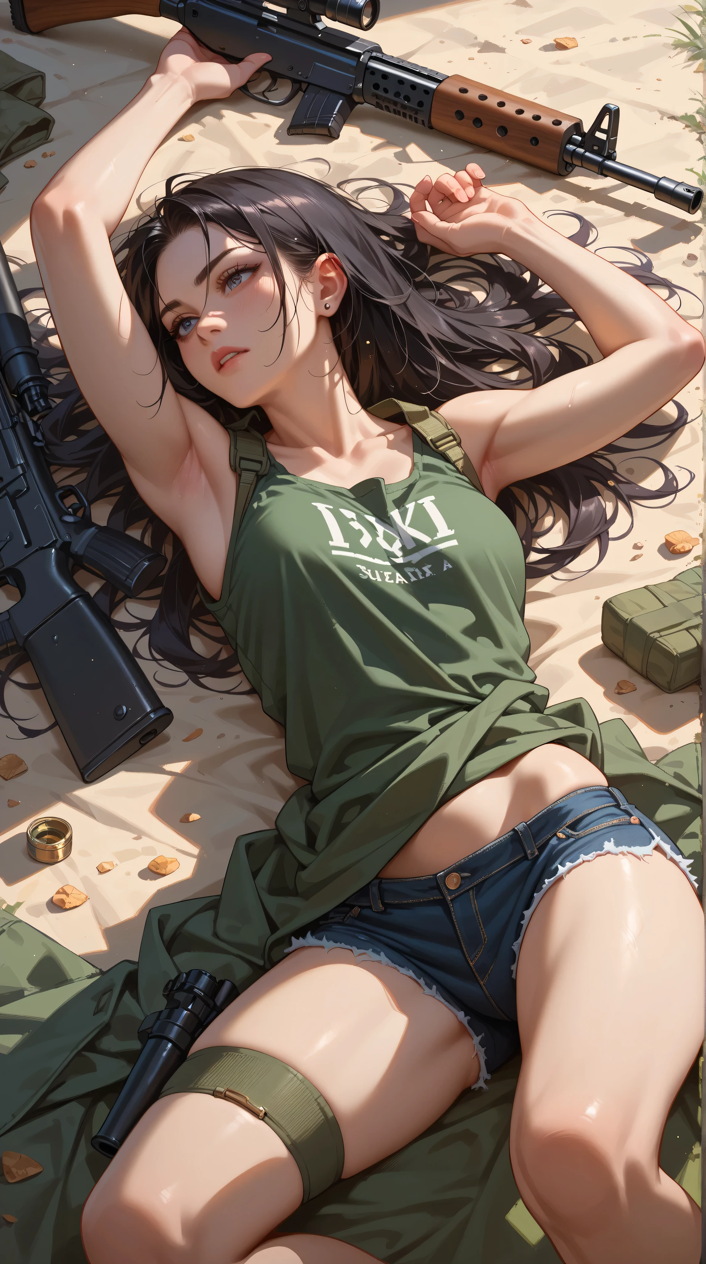 Masterpiece, hyper detailed 8k, perfect anatomy, lying, 2rich Short black haired girls nude, money and gun on bed, looking at viewer, slender body, blue eyes, flashing Pussy, showing Titties, seductive blush, arms up, from below, young and very pretty girl, sheer, gleaming skin, upper tits, on gray colored bed, (accurate depiction of real girls Pussy and breasts), money and gun on bed, full body shot, girls wearing white sneakers and black socks, diamond ring, golden earrings, golden watch, golden necklace, navel piercing on belly button and Christina piercing on her pussy, only small bra, straight legs, Spreading her pussy, full body shot, black short hair