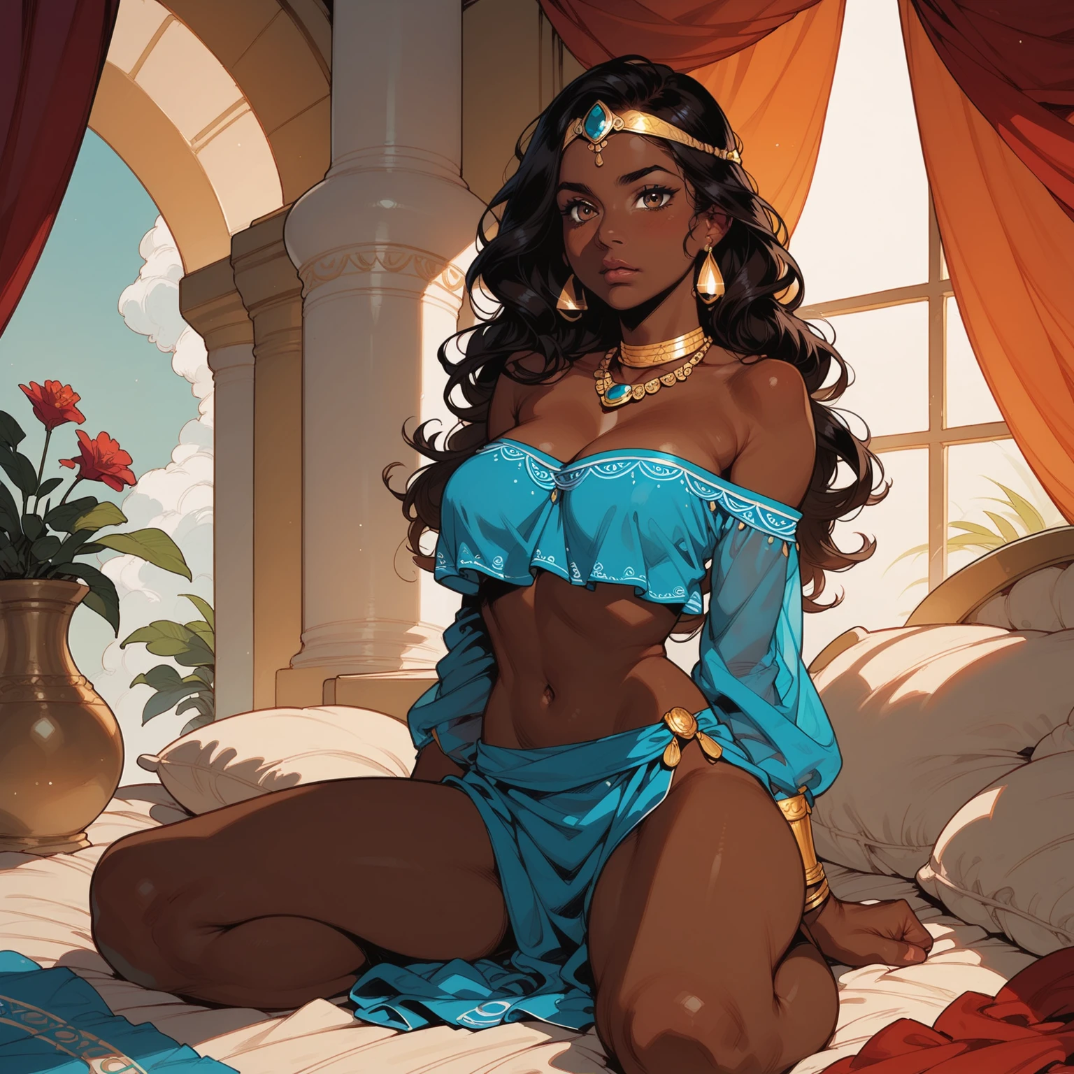 Professional photo, defined muscles, black skin, big hair, precious stones, jewelry, girl in a white realistic bed, background of a window overlooking the sea, large white curtain, sunlight, top, white langerie, (kneeling on all fours)