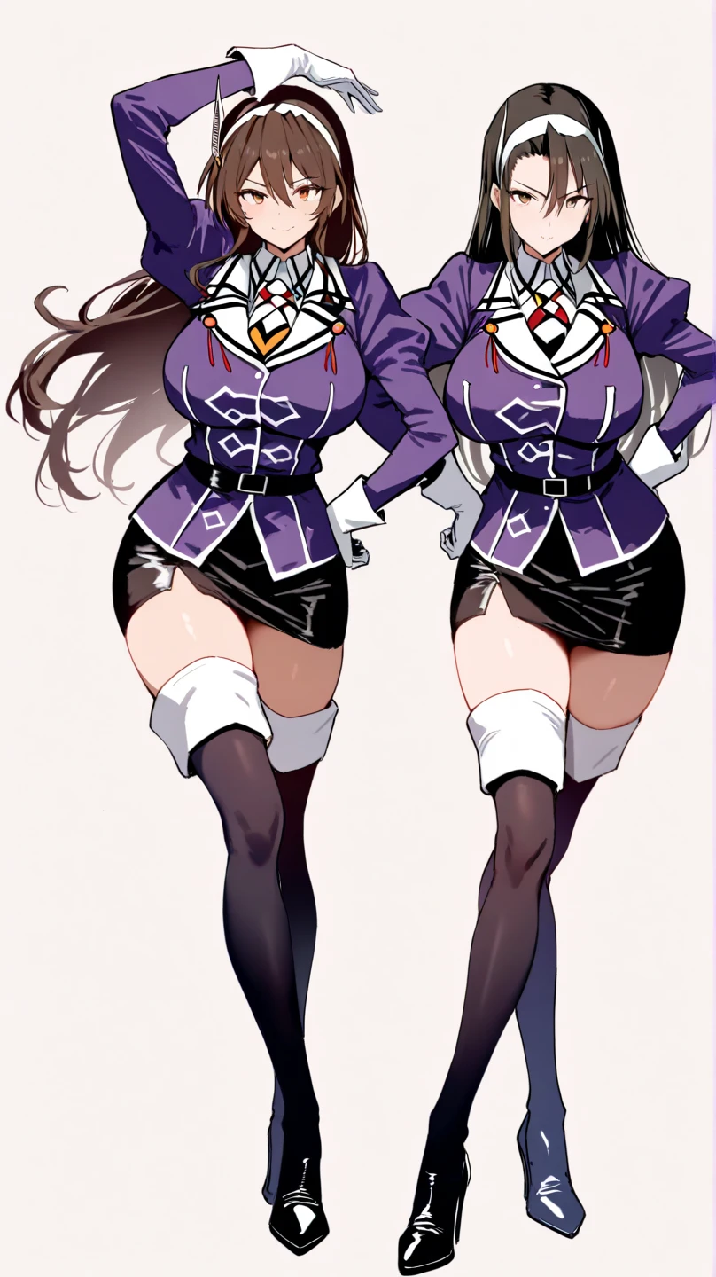 2 beautiful female sisters, brown long hair, pony tails, full body, jester costume,s