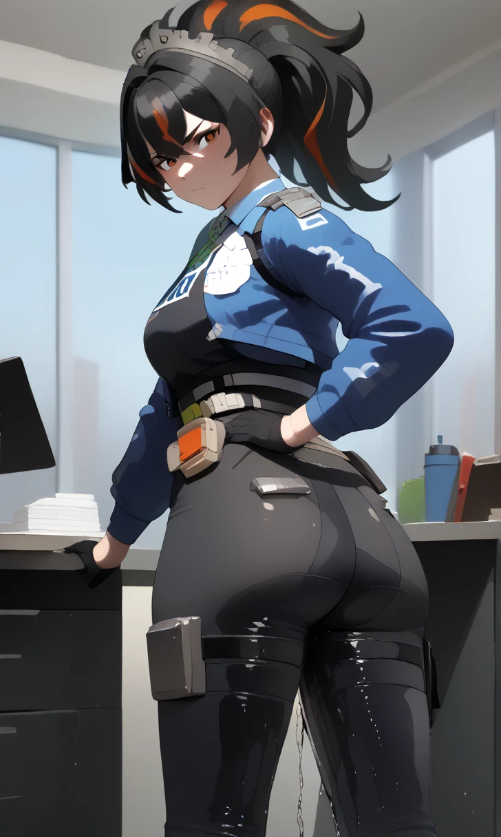 best quality,4k,8k,high resolution,masterpiece:1.2),super detailed, Ultra high definition face, detailed eyes, A woman wearing a black latex bodysuit, huge breast, Thin waist and thick hips, hourglass figure, rosy cheeks, perfect face , DD cup breasts, thick thighs, thick ass, smirking, thongs, bent over, ass view, view from below, sexy, big ass, teasing, fooling around, dominant woman, breast closeup