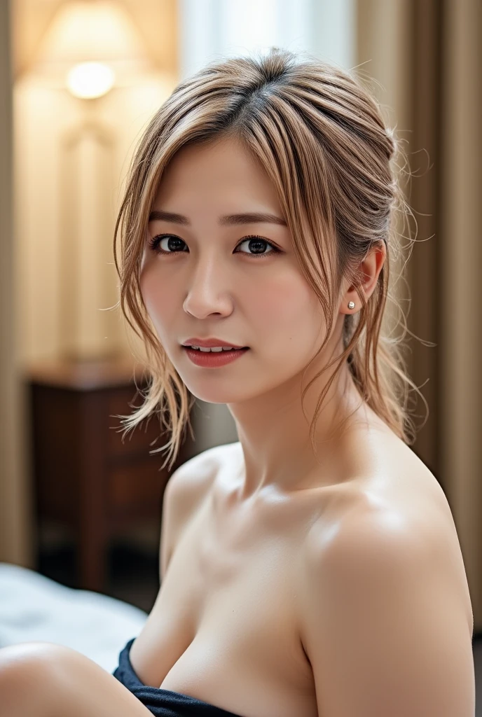(Realistic:1.3、Ultra HD、Ultra-high resolution、8K、Japanese Housewife、In the bedroom、At the bed)、((Look Viewer:1.8))、(Extremely realistic skin texture:1.4)、(Realistic:1.3)、short hair、((Embarrassed expression:1.5))、(blonde:1.5)、48-year-old woman、Mature Woman、Ponytail Hairstyles、(Brown eyes:1.3)、(Face close-up:1.22)、(Sweaty:1.2)、(Nipplesを見せる)、((衣服から突き出たNipples,))、dress、美しいNipples、Nipples、(Shooting from the side:1.1)、Drooling、((Blowjobチオ、Blowjob、Cum in mouth、Bukkake))
