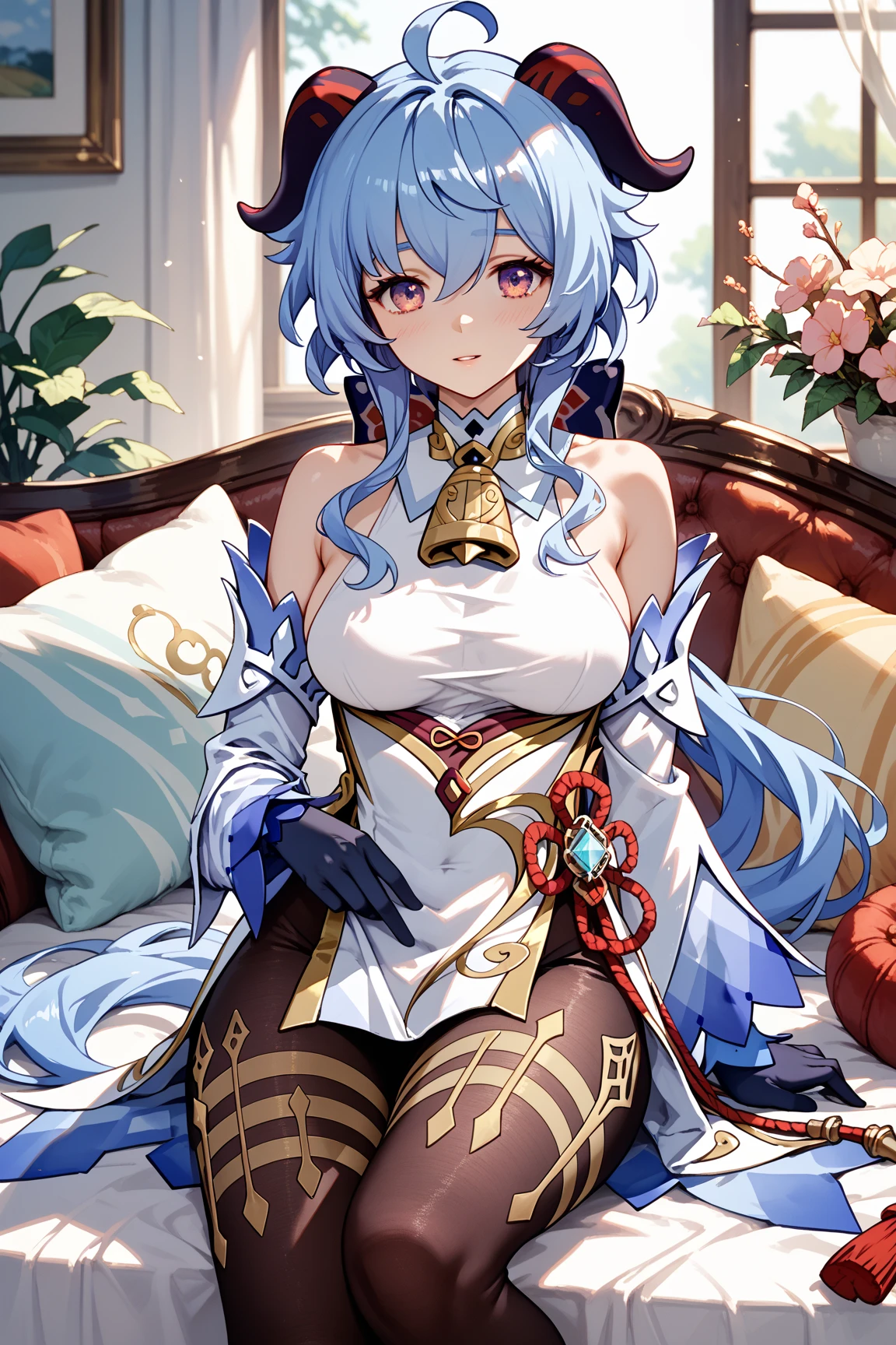 Anime girl sitting on chair in white dress, cute anime waifu in a nice dress, azur lane style, Guweiz in Pixiv ArtStation, trending on artstation pixiv, Guweiz on ArtStation Pixiv, Anime goddess, onmyoji, trending on cgstation, style of anime4 K, Guviz, perfect body, perfect breast,((Best quality, 8k, Masterpiece :1.3)), Sharp focus :1.2, Perfect body beauty: 1.4, lewd face and holding condoms,hand between leg