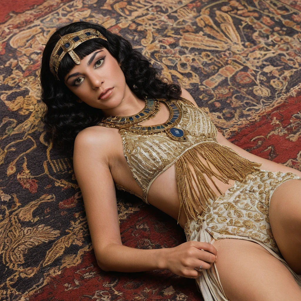 Crie uma obra de arte digital no estilo pop art, featuring a woman in an Egyptian style bikini, Egyptian Bikini , noite, interior, quarto,cores abstratas