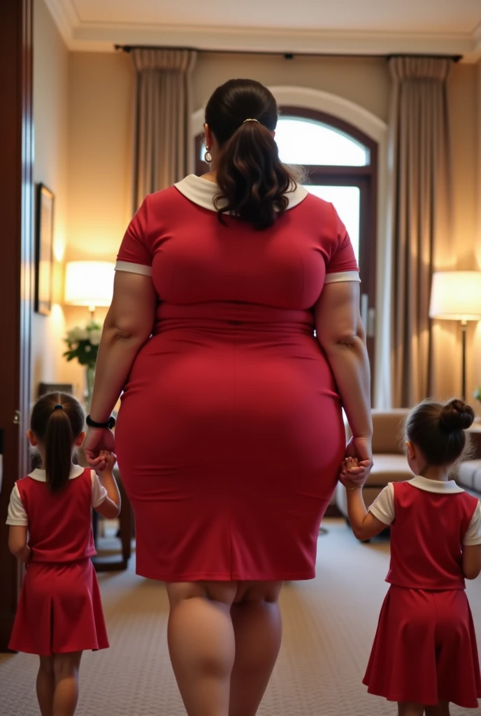 Obese 20 years old woman leads by the hand a girl, office tight long woolen dress, high heels, in office