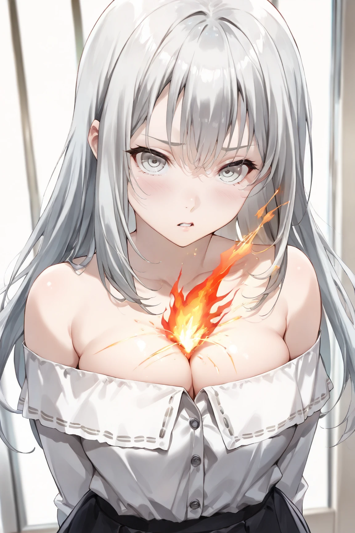 Eyes Wide Open、Open shirt、White Bra、Torn mini skirt、Unstable thoughts、Desire to dominate, Interpersonal、knife、Hall々Stand with、Heavy breathing、Scream、Lots of sweat、tag
