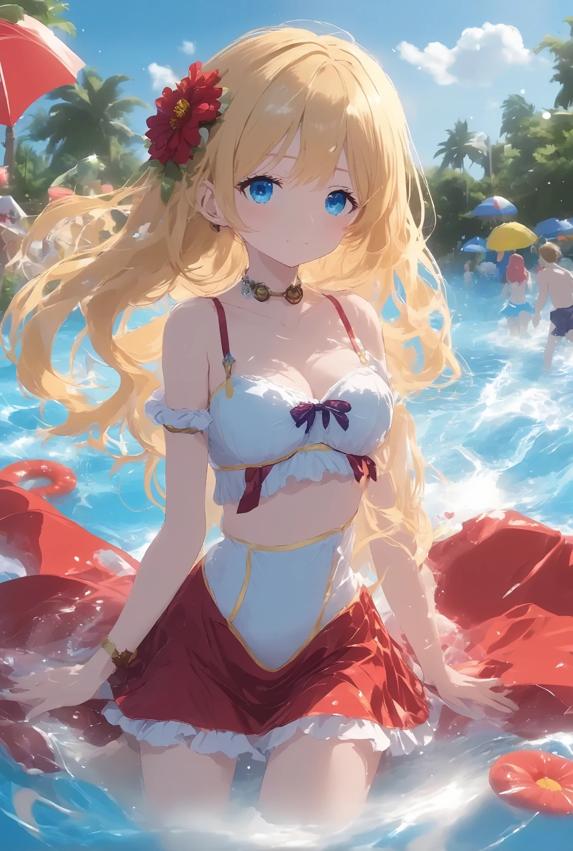 A woman, large breasts, slightly brown skin, bare stomach, strapless bikini, red skirt, red flower pin, sunset, outside, flower field, smile, blond hair, blue eyes.
