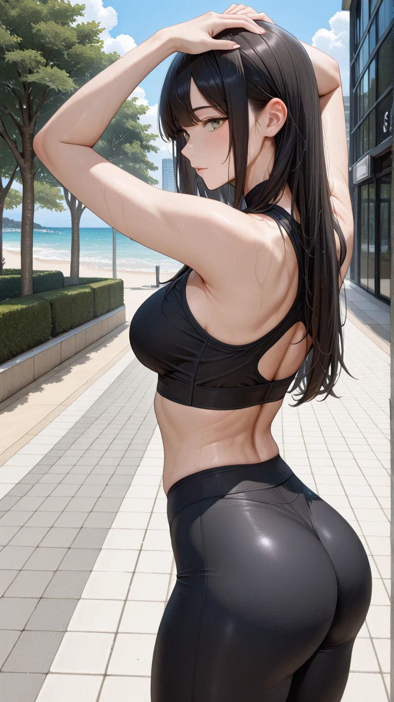 solo, 1girl, ponytail black hair, sparkling blue eyes, realistic, wearing black legging, 8k resolution, focused upper body shot, shot from side, standing, ultra-detailed, masterpiece, highest quality, pov, blush, at gym