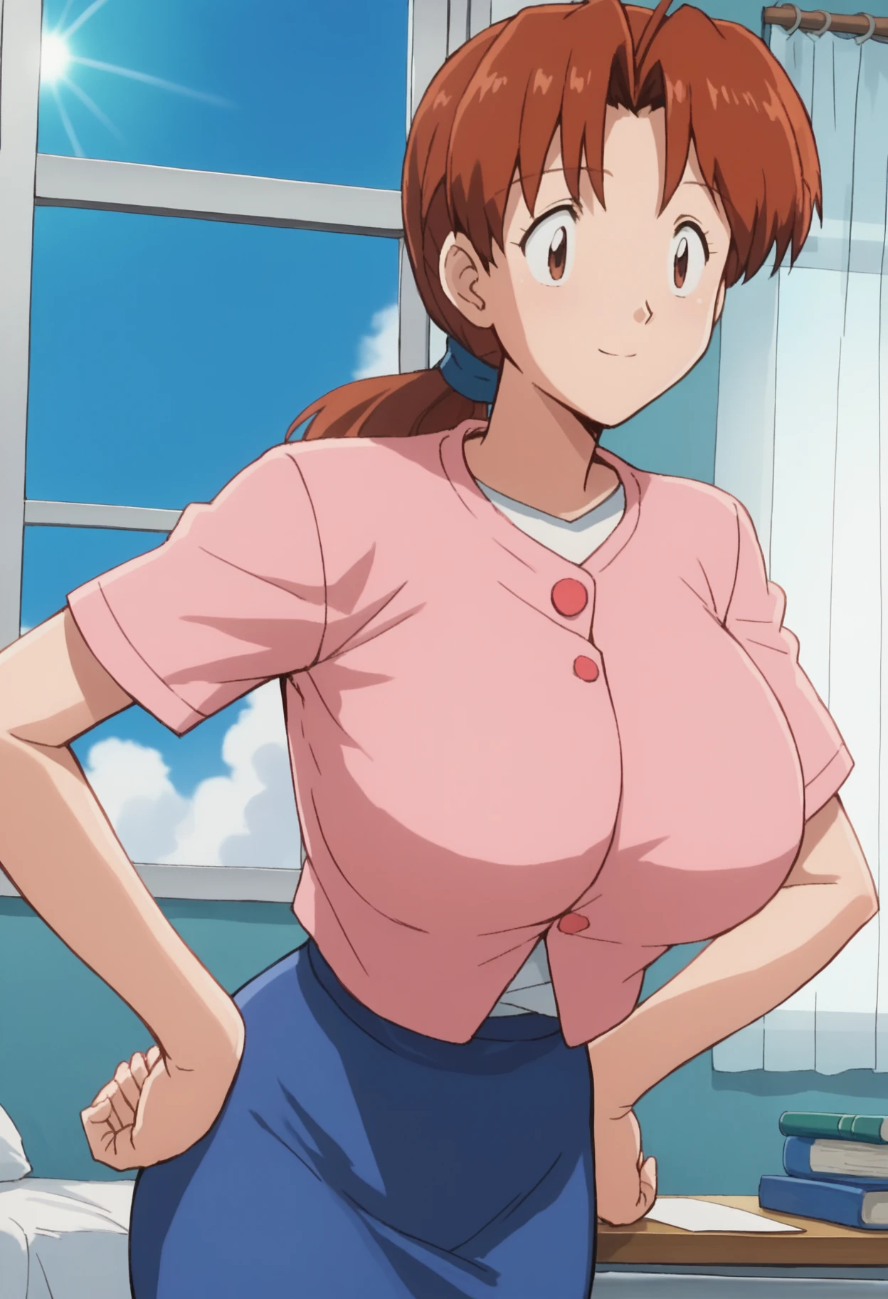 (Anime of Yatsu, Retro art style, Clean brush strokes, Very detailed, Perfect Anatomy, Browsing Caution), Dormitory of background, (tomo, 1 daughter), Eyebrows visible through hair, bangs, Dark brown hair, (blue eyes), (Beautiful and detailed:1.2)of）, Looking at the audience, Open your mouth (smile:1.5), (Sitting, Spread your legs wide), (Beautiful body, Smooth curve of, Perfect figure), Tank top, (Huge breasts:1.2, Tension of shape), (Mini pants, Denim), 