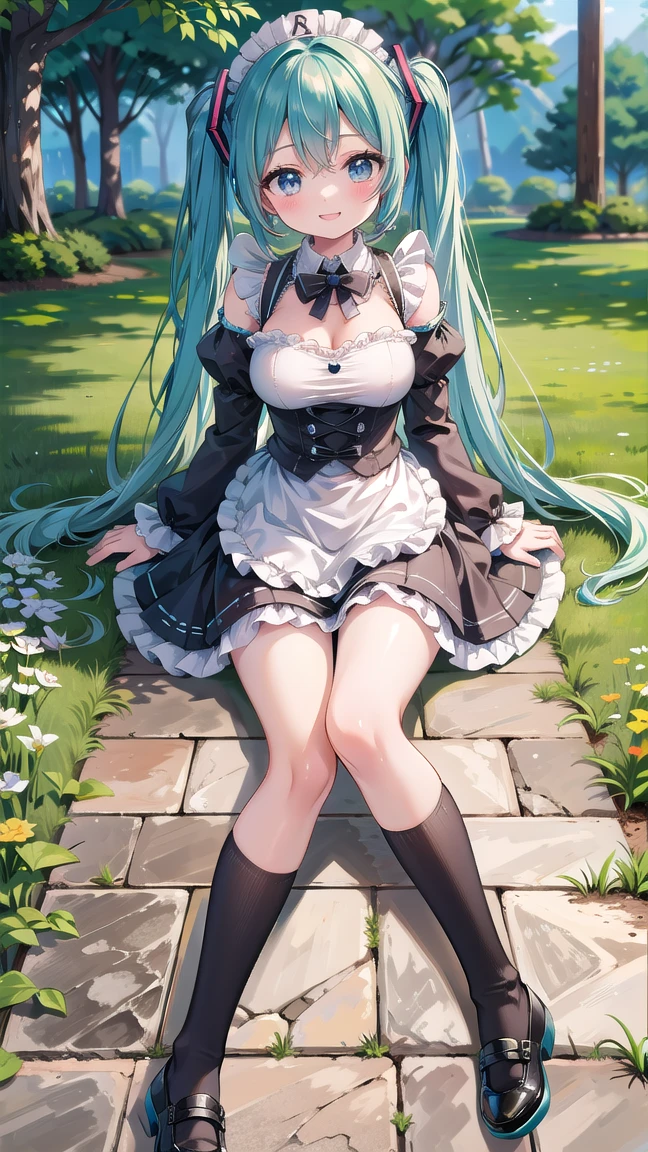 ((Full body photo)). Laura/woman with large breasts is standing, ((wearing black maid's outfit with white/extremely tight parts on her body and maid's headdress on her head)), she is inside a graveyard at night this (raining hard and thundering very hard), her (head/clothing/body soaked in water:1.4), she is looking at the viewer, smiling,  Doing pose. She has (blue hair:1.2) and (green eyes:1.2), Mortal Kombat, anime, framed, symmetry, 16k, best quality, super detail, textured skin, UHD