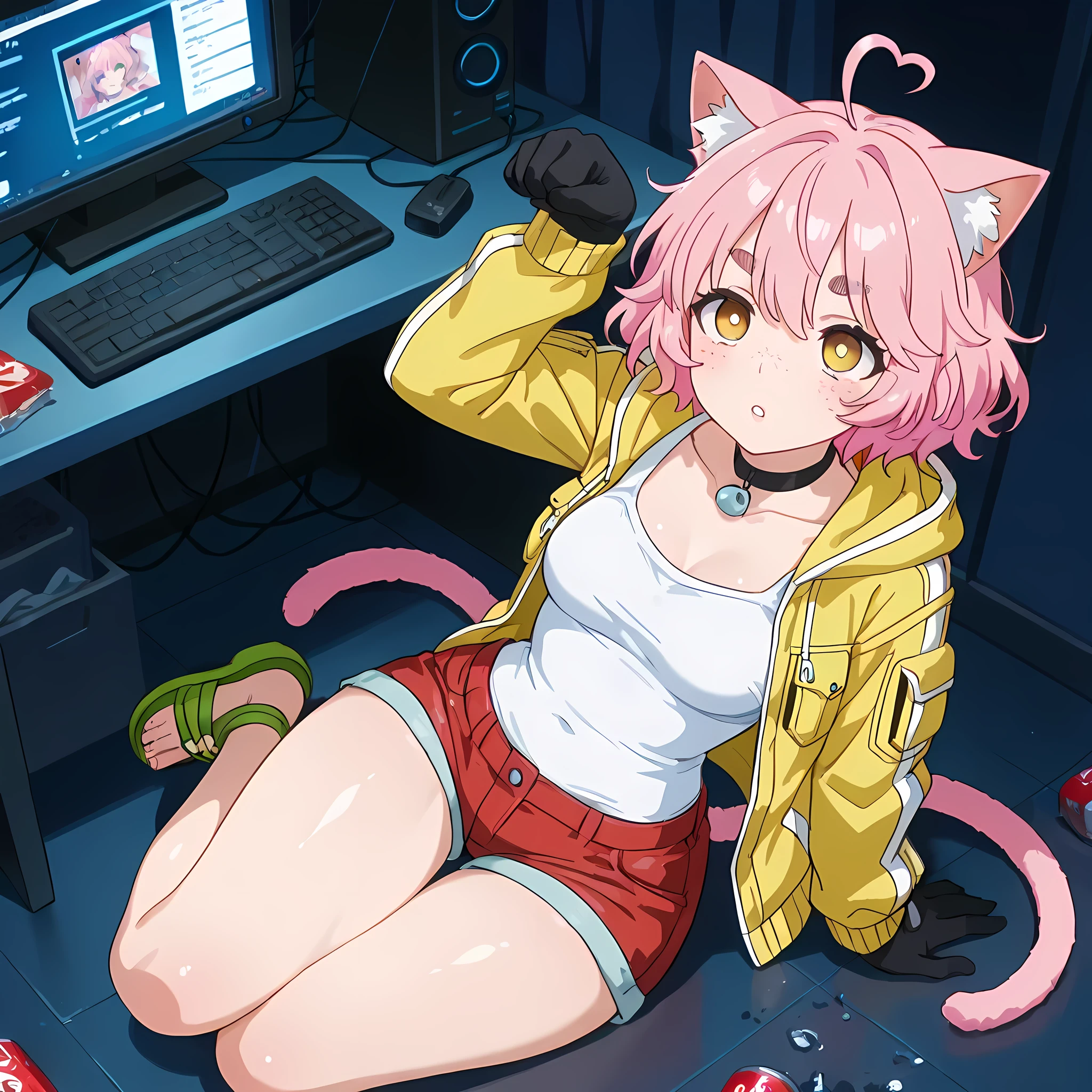 (high front angle), ((anime skin texture, perfectly detailed scenery, best image quality, full HD, perfectly detailed appearance, perfectly detailed eyes, 1 woman, hacker information on monitors, dark room, room full of darkness, hacker scenery, snacks thrown on computer desk, soda spilled on the floor, clothes thrown on the floor, 1woman in cat pose for fighting, neko pose):1.10), {Cindy Aurum/シドニー・オールム}:((1 woman, sleepy look, cyan hair with pink braids:1.2, short messy hair, woman with adult body:1.2, salty cheeks, woman with twenty year old body, oily skin, freckles:1.05, woman with evident dark circles:1.2, tired look:1.2, yellow eyes with black pupils:1.05, medium thighs, small butt, small breasts, green sandals, tank top green:1.05, red denim shorts with ruffles on the edges, green denim jacket with cat details and orange cat hoodie:1.15, perfect lips, cyan cat gloves, green cat tail, joystick pendant choker:1.05, panting, average arms and legs, circular eyebrows:1.2, heart-shaped ahoge:1.2, thin waist, wide hips, mature woman:1.2, two-tone hair color:1.2, light pink hair at the bottom:1.05)),