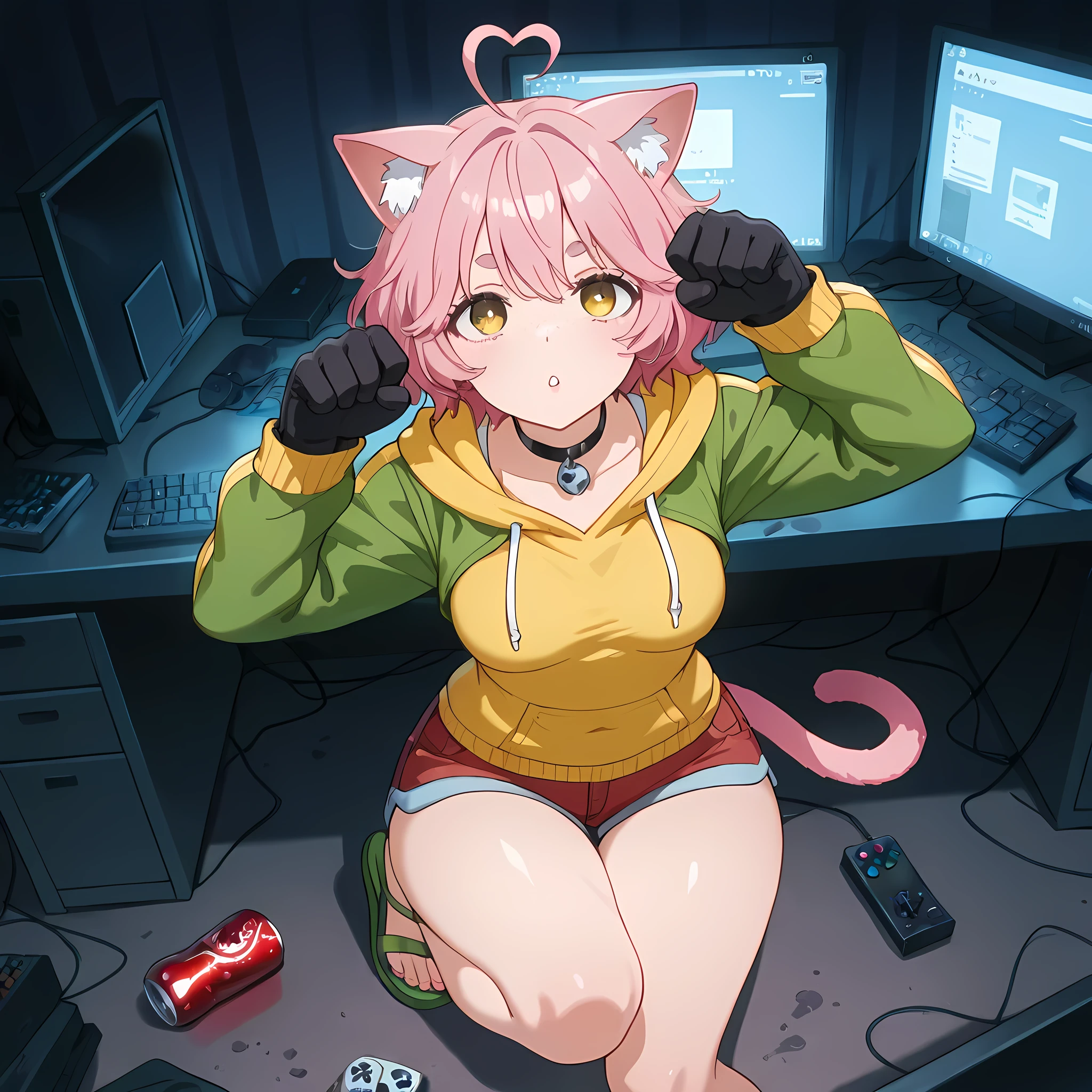 (high front angle), ((anime skin texture, perfectly detailed scenery, best image quality, full HD, perfectly detailed appearance, perfectly detailed eyes, 1 woman, hacker information on monitors, dark room, room full of darkness, hacker scenery, snacks thrown on computer desk, soda spilled on the floor, clothes thrown on the floor, 1woman in cat pose for fighting, neko pose):1.10), {Cindy Aurum/シドニー・オールム}:((1 woman, sleepy look, cyan hair with pink braids:1.2, short messy hair, woman with adult body:1.2, salty cheeks, woman with twenty year old body, oily skin, freckles:1.05, woman with evident dark circles:1.2, tired look:1.2, yellow eyes with black pupils:1.05, medium thighs, small butt, small breasts, green sandals, tank top green:1.05, red denim shorts with ruffles on the edges, green denim jacket with cat details and orange cat hoodie:1.15, perfect lips, cyan cat gloves, green cat tail, joystick pendant choker:1.05, panting, average arms and legs, circular eyebrows:1.2, heart-shaped ahoge:1.2, thin waist, wide hips, mature woman:1.2, two-tone hair color:1.2, light pink hair at the bottom:1.05)),