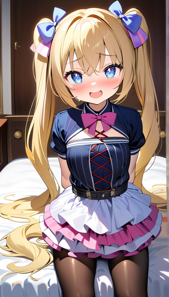 1girl in, 独奏, length hair, blue eyess, blonde hair, diadems, sitting on, I don't wear any underwear、A pose where you can be seen from below、Spreading legs with both hands、Pussy丸見え, doress, the bow, The card, pinafore, shairband, PlayingCards, looking at the viewers, shortsleeves, 髪のthe bow, 青いshairband, a smile, red blush, hand on own face, 青いdoress, alice(不思議の国のalice), hair between eye, a chair, Black pantyhose, 青いthe bow, a throne, puffy sleeves, Put your hand on your cheek, bangss, ふくらんでいるshortsleeves, bow ribbon、非常にlength hair、mini crown、foot out of frame、frilld、白いpinafore、:q、masterpiece、top-quality、((lifted skirt、Pussy、camel's toe)))、SEX、NFSW、