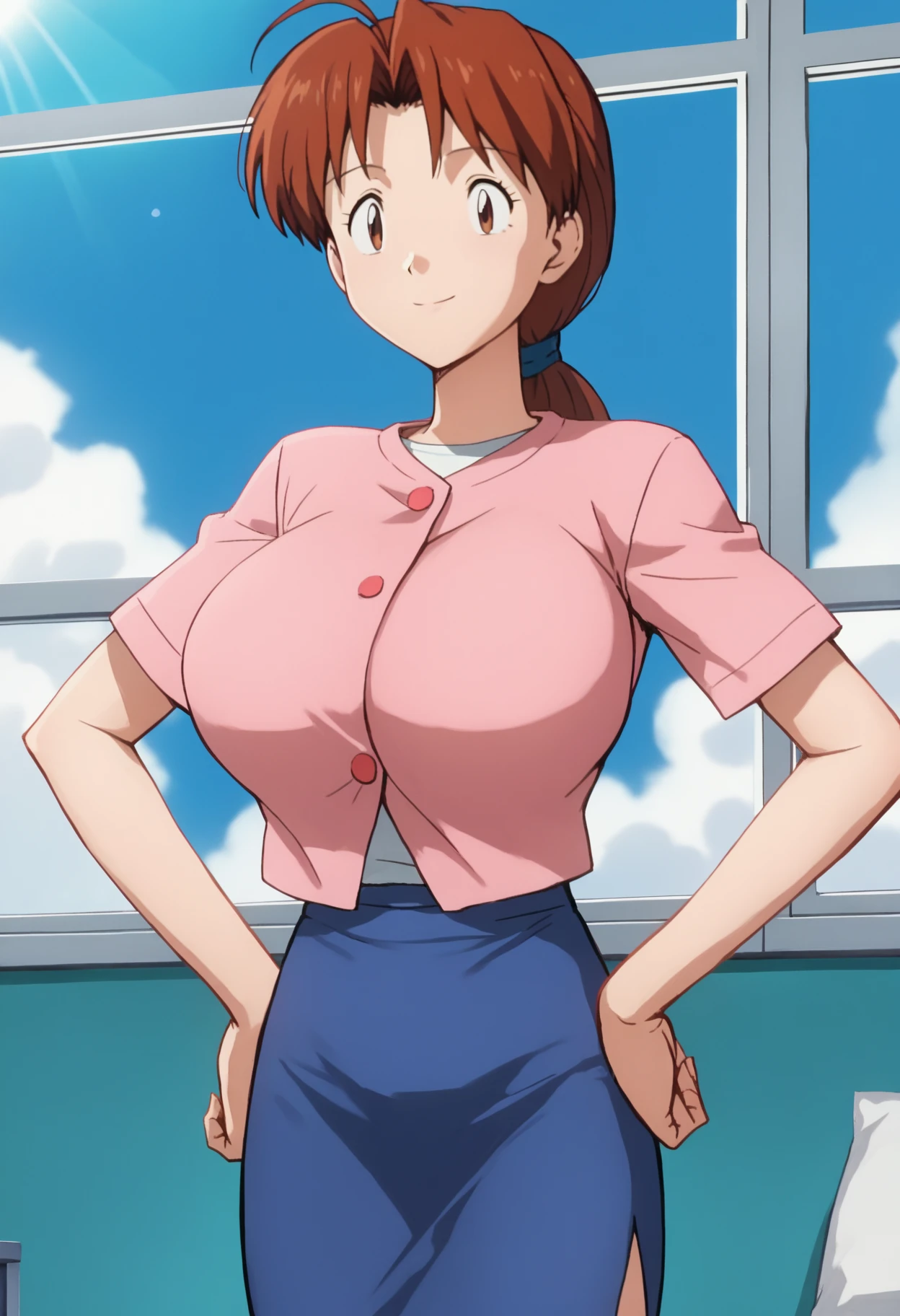 Looking into the camera、When I Look at You、lookatviewer、Anime Style、eroge、1 girl, (Huge long breasts:1.2), (White blouse T-shirt、Cleavage、Maxi Skirt)、Low - Angle、Brown haired, hair band、short hair、Bob Hair、The forehead is visible、smile,Round Breasts、women、