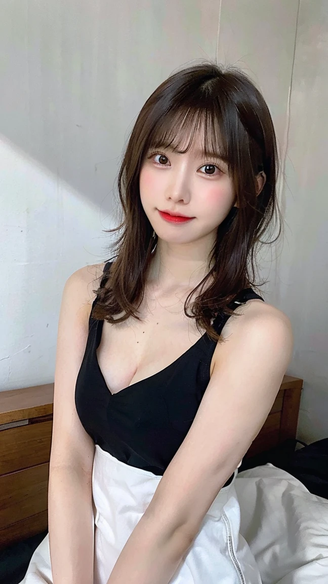 masterpiece、one person、14 years old、Full body photo、slender、woman、White drool coming out of the mouth、smile、Very short hairstyle、 Fair skin, messy hair, super cute、Soft and Face、8K resolution、Surreal、Ultra high definition、 A-cup small breasts（（Highest resolution、8k、masterpiece：1.3））、Ultra-fine face、Ultra Fine Lips、Beautiful Eyes、double eyelid,Dark blue walls、Red and white checked bandeau dress:1.1、Thighs、thin,Thighs are visible、Shapely small breasts、fun、sexy