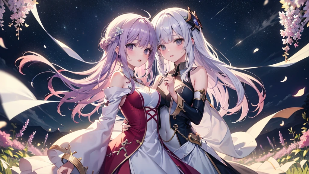 a girl with purple hair and another girl with white hair with a fantasy appearance welcoming