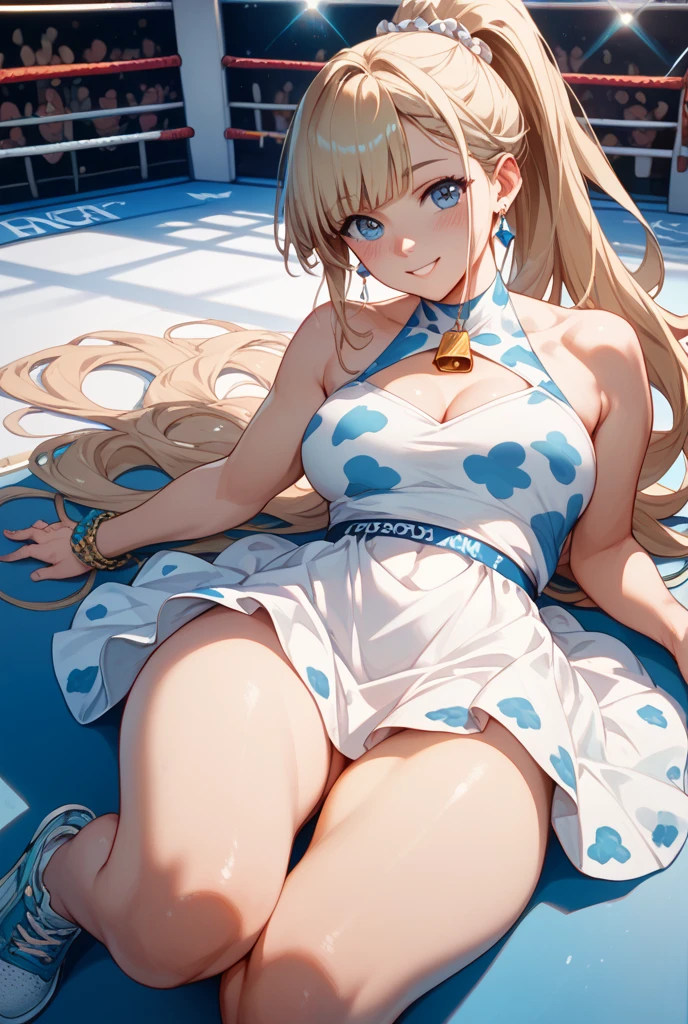 (from above:1.2),18 year old beautiful girl,Purplish blue eyes that dreamers desire,(Blonde hair) , small stature, (masutepiece:1.2, Best Quality),(finely detailed beautiful eye: 1.2),(beautifull detailed face),(perky chest:1.1),(pointed chest:1.2),(cakes magazine cover:1.5),(Best Illumination, extremely delicate and beautiful),sexy pose,Ultra　Contrast,Braid a little around the ears, White long dress, (very detailed),(Raw photo, highest quality),(realistic, Photoreal:1.3), high detail, very detailed complex 3D rendering of face, (very detailed skin:1.2), dynamic angle, fire glow effect, professional lighting, side light, cinematic light, a super high resolution, 8K , best shadow, particles of light, Fine skin texture, detailed face, intricate details, Super detailed, shine, Please reconsider, full body,, beautiful face, shiny skin, thin, nice companion, delicate body, thin legs, cute apron, ((crawl on all fours:0.6)), beautiful back,little turn around, bend the body, the skirt is floating in the wind, Dark purple panties, thin Pubic hair ,highest quality, high resolution, Real World, Natural light, perfect Natural Light, ((the tip is protruding, areolas protruding)),Sweating,Wet,Wet crotch,Wet thighs,Realistic, (cute, perfect clothes: 1.3) ,narrow waist,(with sparkling eyes and a contagious smile), open mouth, looking at viewer,
