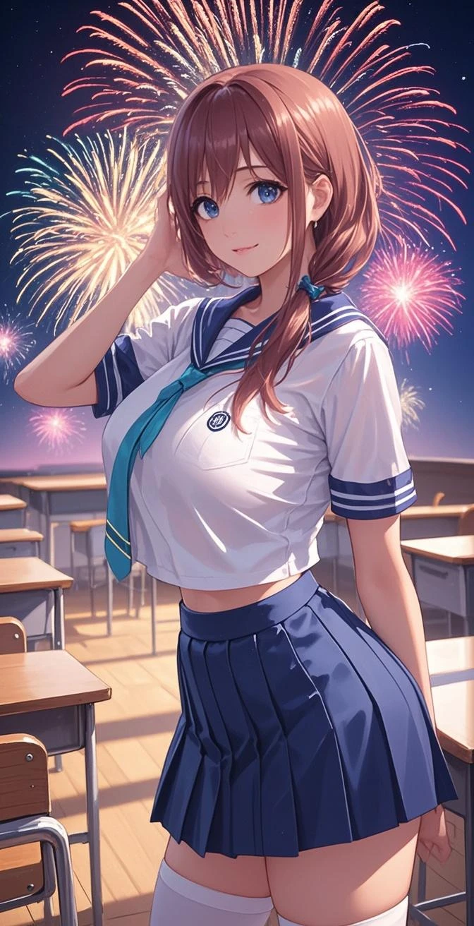 (absurdres, masterpiece, best quality, ultra detailed, detailed background, cinematic lighting, angled from below), (wide sky filled with many colorful glossy fireworks:1.4), (beautiful anime face, long eyelashes, detailed brown eyes), (voluptuous perfect toned lean kawaii 1girl, narrow waist), brown hair, long wavy hair, (wide ponytail, cute bangs, parted bangs), (red eyewear, semi-rimless eyewear), (massive enormous gigantic heavy huge hanging long breasts, cleavage), (bighead, short body, round face), (face closeup, leaning forward:1.4), school uniform, bowtie, (wet see-through short-sleeve blouse, downblouse), (short pleated skirt), (twilight dusk evening), looking at viewer, (flushed, heavy breathing, exhausted, parted lips), beaming smile, naughty grin, translucent watercolor painting, ultrasharp focused, highlights, dreamy ambiance, mesmerizing, <lora:deluster1:-1.0>