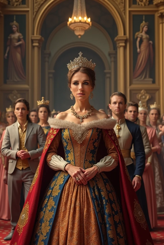 Prompt: A dignified painting-style image of Empress Sissy in traditional Hungarian dress, standing proudly among Hungarian nobility, with banners in the background and the Austro-Hungarian flag forming subtly in the light behind her.