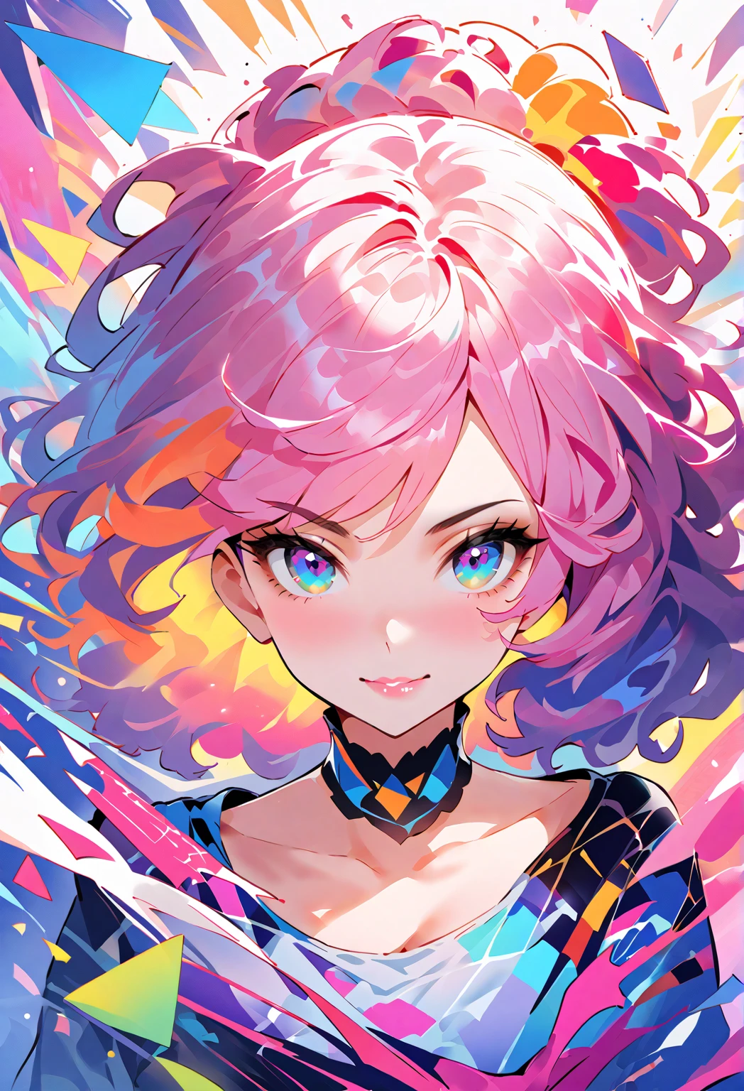 (Highest quality:1.2, City Pop Style, Very detailed, Latest, Vibrant, High Contrast,masterpiece), 1 girl, solo, Anime Style, Heterochromia iridis, Hollow Eyes, Half Eye, Lips pink, lip, smile, Cyberpunk makeup, Long bangs on one side, Asymmetrical Short Hair, (Colorful Hair), Bobcut, pastel colour, 1980s style, ((Retro, Vintage, Plain background))