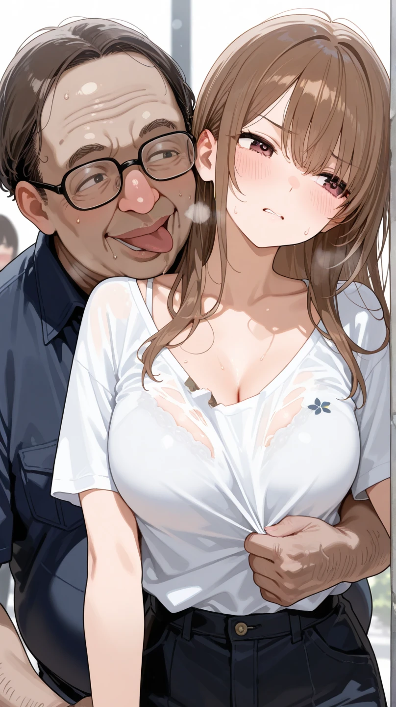(girl,Fat middle-aged man:1.2)、Completely naked、blush、French kiss、hug、((Big Breasts))、office、Very detailed、High Resolution度、4K、masterpiece、High Resolution、(tears:1.8)、(rape)、straddling a man、heart、toilet、Sex