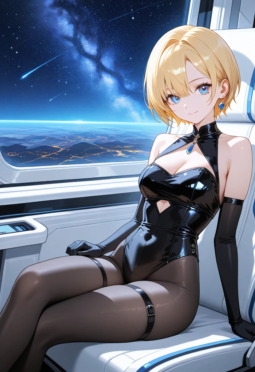 A young sexy woman with short hair and blonde hair in sexy clothes sits in a spaceship seat、A beautiful starry sky can be seen from the window.。High-cut bunny girl　drink alcohol　