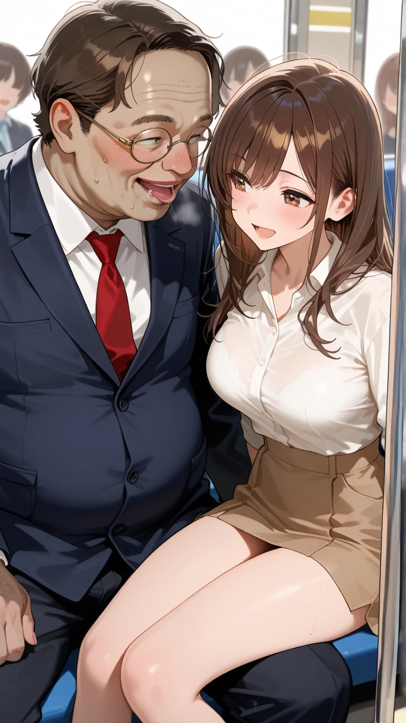 One man,(man in Prague:1.5),( middle aged man:1.5),(man is penis:1.3),penis is erect,perfect penis shape、Man is 30 years old、man is smile、(man is fullnude:1.5),2 girl, pretty girl , (brown hair with natural bright luster:1.5),(let bangs fall:1.2),(on the train:1.4),  face to face, full_body, (smile:1.2),beautiful girl,short ponytail、handjob,(standing:1.8),(cowboy shot:1.2),(girl is fullnude:1.9),