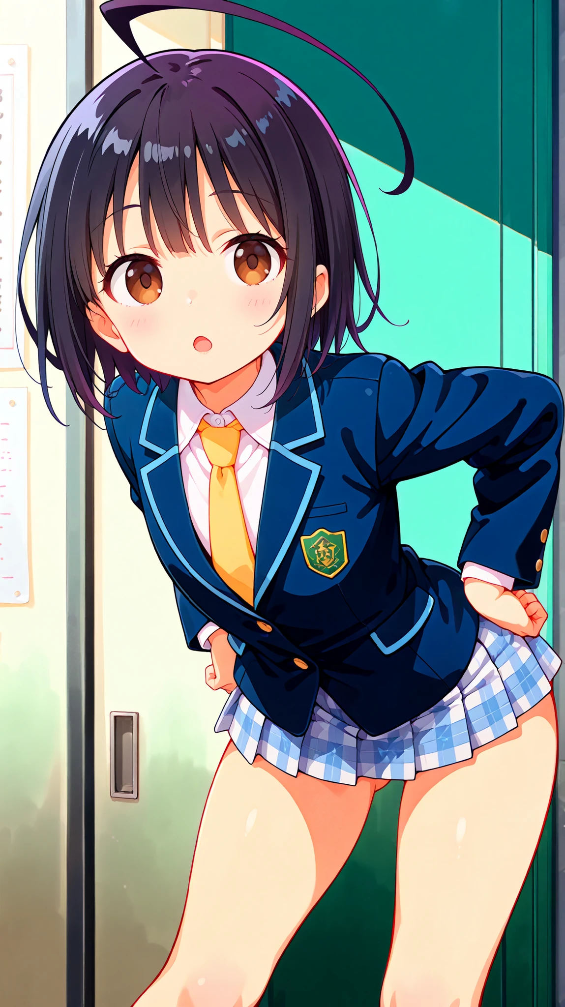 nsfw,((anime style)),score_9, score_8_up, score_7_up,masterpiece, best quality,ultra detail,,huge ahoge, negishi masako , 1girl , ((((((solo)))))),short hair,black hair ,long bangs,brown eyes,(Flat Chest),school uniform,(((blue blazer))),light blue checkered Pleated mini skirt,((((((mini skirt)))))), Yellow necktie,necktie in the blazer,(((knee))),((black short sox)),((ass visible through thighs)),(((((contrapposto))))),(A glimpse of her thin thighs) , cute ,((open mouth)),((cute face)),((((leaning forward)))), hands on hips,