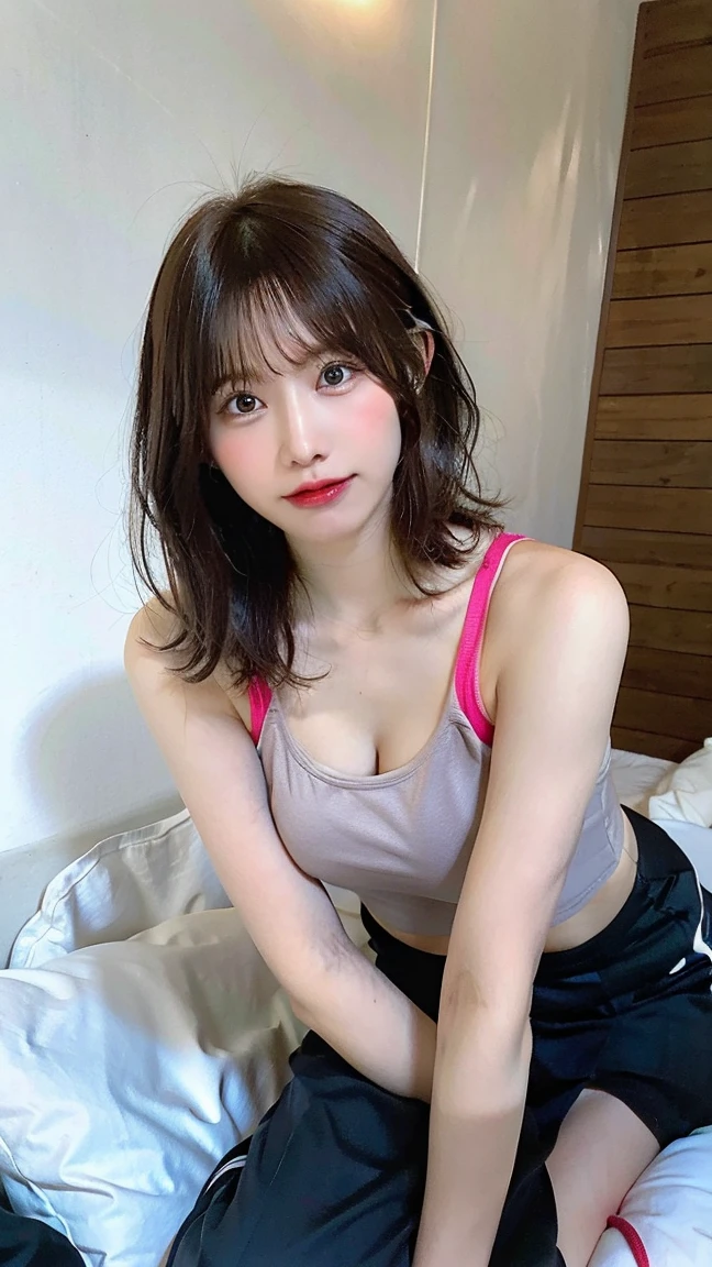 （（best qualiy，8k，master-piece：1.3）），1girls，Pretty woman with emphasizing slender abs：1.3，（Double ponytail：1.2），black tanktop：1.2，White pleated skirt：1.2，Super detailed face，Detailed eyes，Double eyelid，Um corpo inteiro：1.0，Black silk long legs：1.1