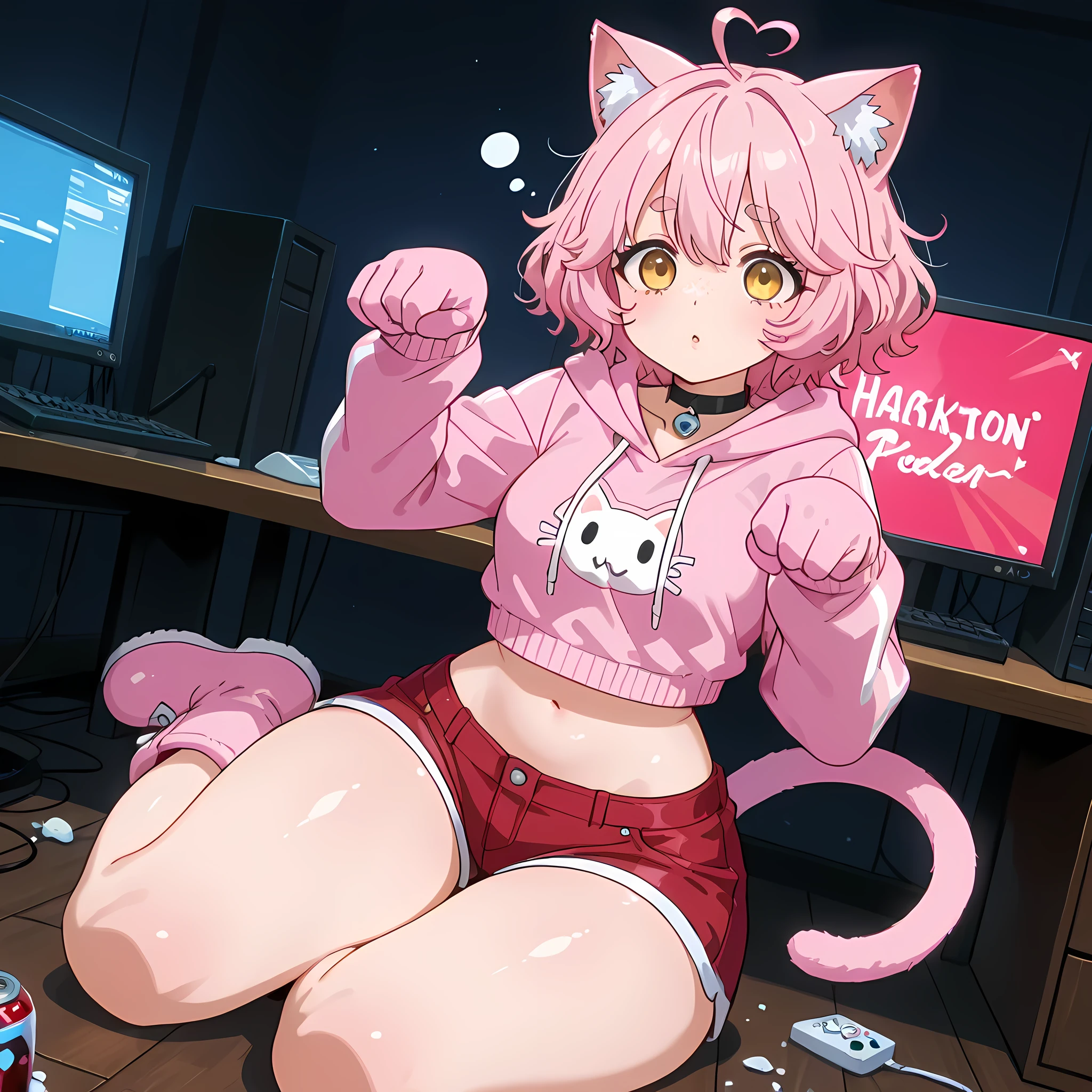 (high front angle), ((anime skin texture, perfectly detailed scenery, best image quality, full HD, perfectly detailed appearance, perfectly detailed eyes, 1 woman, hacker information on monitors, dark room, room full of darkness, hacker scenery, snacks thrown on computer desk, soda spilled on the floor, clothes thrown on the floor, 1 woman in cat pose, cat pose, fighting pose):1.10), {Cindy Aurum/シドニー・オールム}:((1 woman, sleepy appearance, light pink hair with cyan colored braids:1.2, short messy hair, woman with adult body:1.2, salty cheeks, woman with twenty-year-old body, cyan colored cat sweater:1.2, oily skin, freckles:1.05, woman with obvious dark circles:1.2, tired appearance:1.2, yellow eyes with pupils black:1.05, average thighs, small butt, small breasts, pink cat boots, red denim shorts with ruffles on the edges, pink denim jacket with hood with cat ears:1.15, perfect lips, pink cat gloves, pink cat tail, joystick pendant choker:1.05, panting, average arms and legs, circular eyebrows:1.2, heart-shaped ahoge:1.2, thin waist, wide hips, mature woman:1.2, two-tone hair color:1.2, light pink hair on the bottom:1.05)),