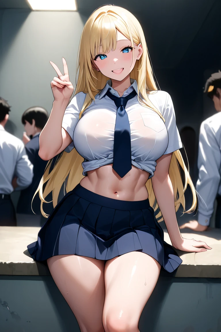 1girl,blonde hair, blue eyes, twintail,tight shirt, school uniforms,miniskirt,school hallway,large breasts, sagging breasts,(makeup:1.1),lipstick ,smirk, groin, navel, low skirt