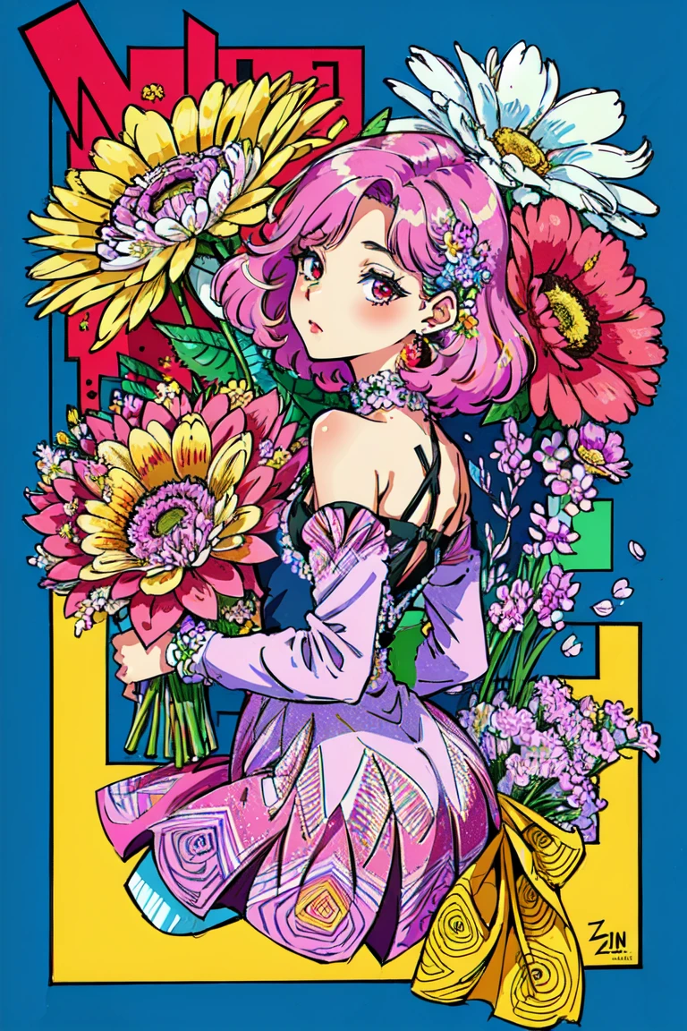 (ultra-detailed background, detailed background), absurdres, highres, ultra detailed, extremly detailed, 1girl, (bunch of flowers:1.3), (zentangle:1.2), (geometric:1.2),(colorful),