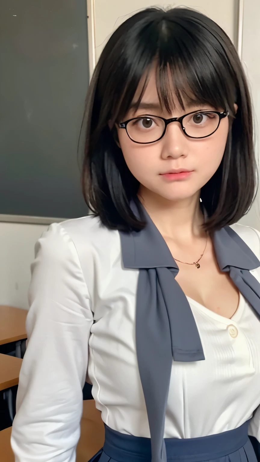 ((Highest quality)), ((Masterpiece)), (details), young girl, cute, 15 years, She looks like Lisa.., school classroom, short hair, glasses, totally naked, see nipples, sitting on a chair, Pig's leg, Show your breasts, chair handle