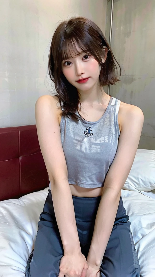 8K, high quality photo, Japanese cute 18-year-old girl, B85W56H89, Height 153cm, light brown eyes, (The hairstyle: Bob cut, straight hair, with bangs, length reaching the shoulders, hair color is light brown with highlights), (upper clothes: Gray sports bra), (lower clothes: Calvin Klein sporty bikini panties, No waistband), snug fit, sitting on a bed, legs up positioned, Beautiful white skin thighs, ((A pussy shape appears on panties between the legs.)), A beautiful round pussy, The best depiction of the labia minora, wide Spread legs on the bed, hairless pussy,
