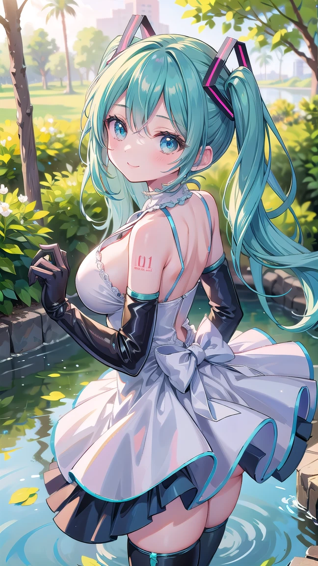Seios grandes Hatsune Miku,electronic singer,cabelo verde,Ombros nus,uma saia preta,mangas pretas,(Blusa de cor branca),Roupas brancas,8k,A high resolution,olhos verdes,fundo do concerto,No local do concerto,em concerto,Only beautiful thighs are exposed,the clothes are white,appear on the arm is 01,The number is 01,fundo brilhante,Leaves', cabelo de alta qualidade 8k ,The eyes of the anime heroine,Olhos de detalhes ultraelevados,olhos de alta qualidade,gravata longa,The length of the tie is thirty cm,Olhos de alto detalhe , and in panties and bra, full body wet from the rain