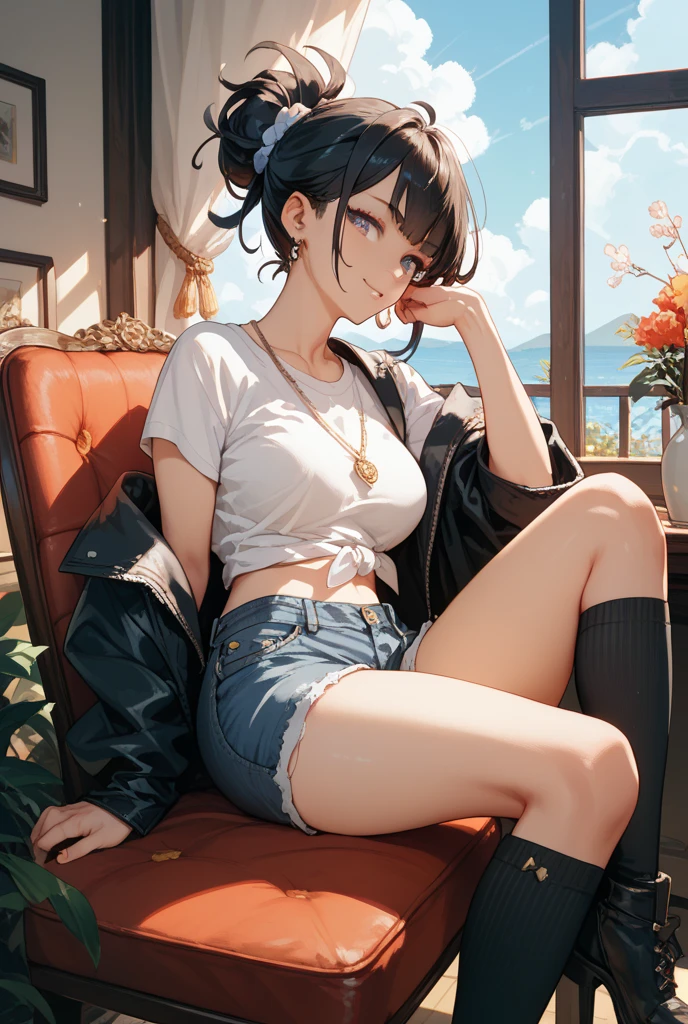 CG, Unity, 8k, wallpaper, highest quality,sunlight、Perfect lighting、 masterpiece, haruka amami, (smile: 1.2), 1 high school girl、Brown Hair、Curly Hair、Blue Eyes、Dense lips、Black knit T-shirt、Off the shoulder、 BREAK denim shorts, barefoot, Thighs, Best lighting, Complex pupil, Complex weaving, Detailed Background, Japanese countryside,Pool、evening、Sunset