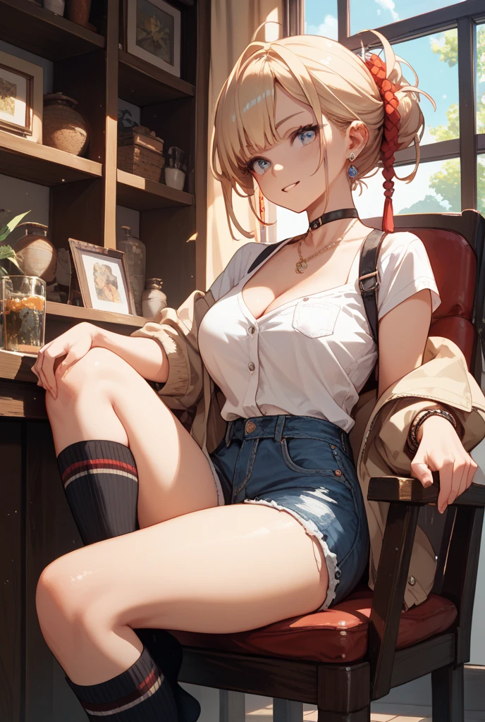 1girl, cleavage, ((soft breasts)), ((small breasts)), thick thighs, ((tight, unbuttoned denim shorts)), expensive glasses, plaid shirt with sports bra, pretty 18yo sitting at a school desk, (angled view), red lipstick (best quality, high quality, high resolution, masterpiece), (blonde hair in a ponytail), high quality 21st century clothes, highly detailed accessories, beautiful makeup, cinematic lighting and reflections, , ultra-detailed, high quality illustration, eye-catching, highly detailed eyes, sharp focus, , colorful theme, professional color grading, perfect color balance, ((smug)) ((curvy body))