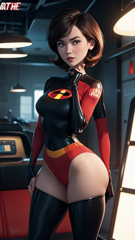 Helen Parr, front view, exposed breasts, bc elastigirl, naked vagina:1.3, location is superhero lair, short bob haircut, auburn hair, red outfit, black thigh high boots, shiny, nude:1.4, (((retro futuristic))), 1950 style, sci-fi, visible breasts, visible nipples:1.4, she is almost naked, ultra detailed, perfect face, perfect skin texture, depth of colour to her eyes, dynamic lighting, volumetric lighting, 8k, visible vagina:1.5, narrow waist, very wide hips, muscle tone, very defined triceps
