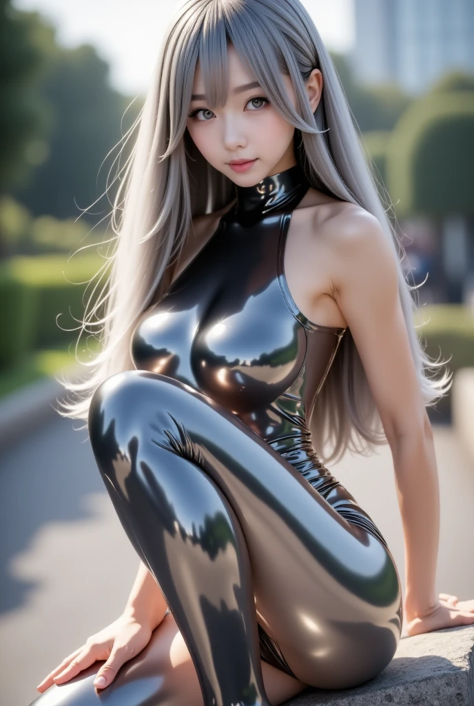 1 girl, Angelique A very beautiful and cute girl, detailed and beautiful eyes, fine double eyelids, (Big eyes:1.3), long brown straight hair, see through bang, shiny hair,(Ultra-shiny platinum silver full body suit:1.4),(Bodysuit only available in one color:Platinum silver that reflects like a mirror) , Ultra-thin, ultra-reflective seamless Ulta tight-fitting bodysuit, (A thin bodysuit that clings to the body without gaps), (Hard erect nipples:1.4), (Nipples pointing upwards:1.4), sharp focus, beautiful detailed face and eyes, droopy eyes , walking small nose, small mouth, huge breasts, Happy smile with visible teeth, ((highest quality)), Raw photo, High resolution, perfect details, professional photos, professional lighting,strong lighting on bodysuit,Lens flare, gravure pose, headphone,