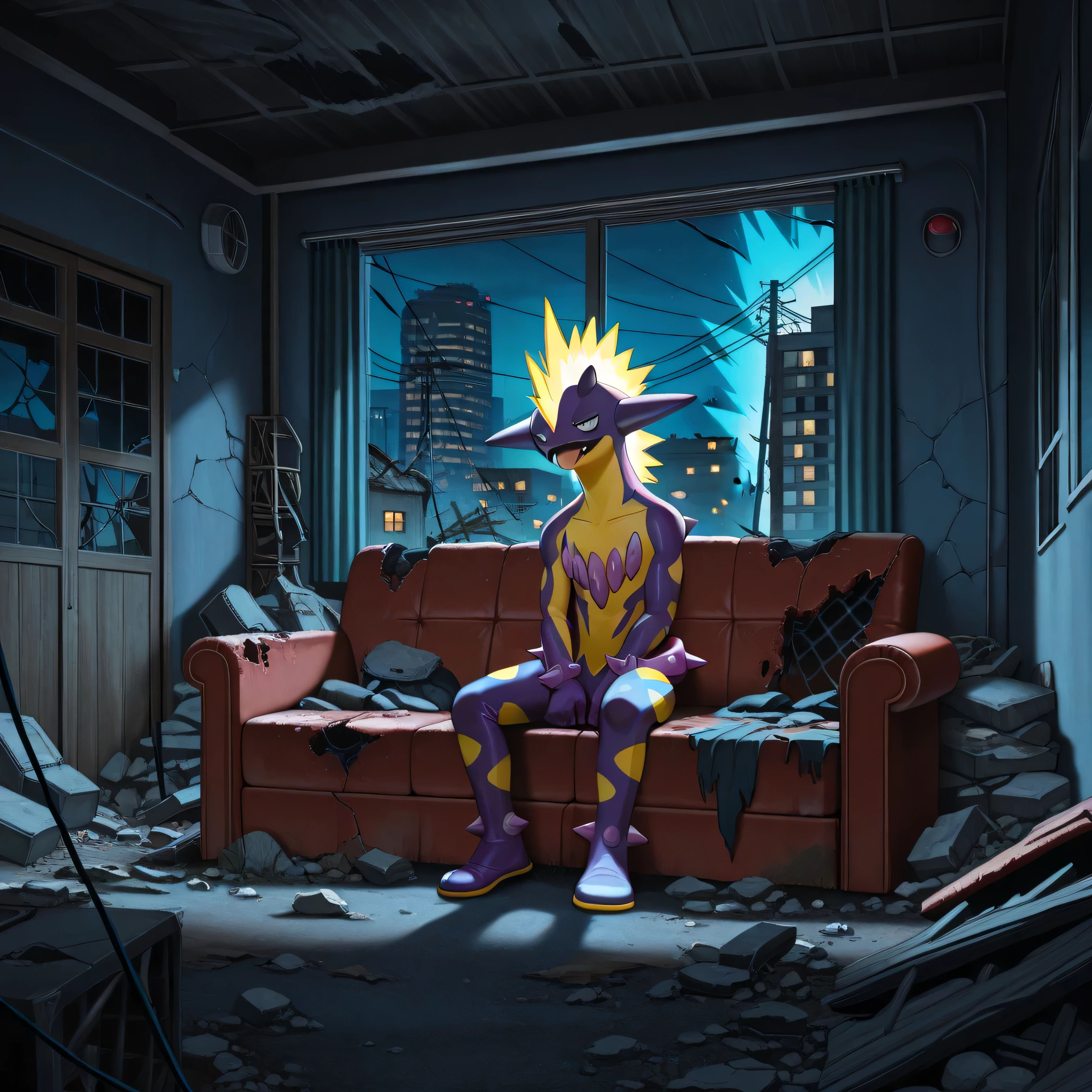 masterpiece, best quality, amazing quality, s1ums, indoors, buildings, power lines, urban, rubble, on ground, busted windows, torn couch, broken furniture, night, night time, sitting on torn couch, 1boy, solo, toxtricity, pokemon, confused,