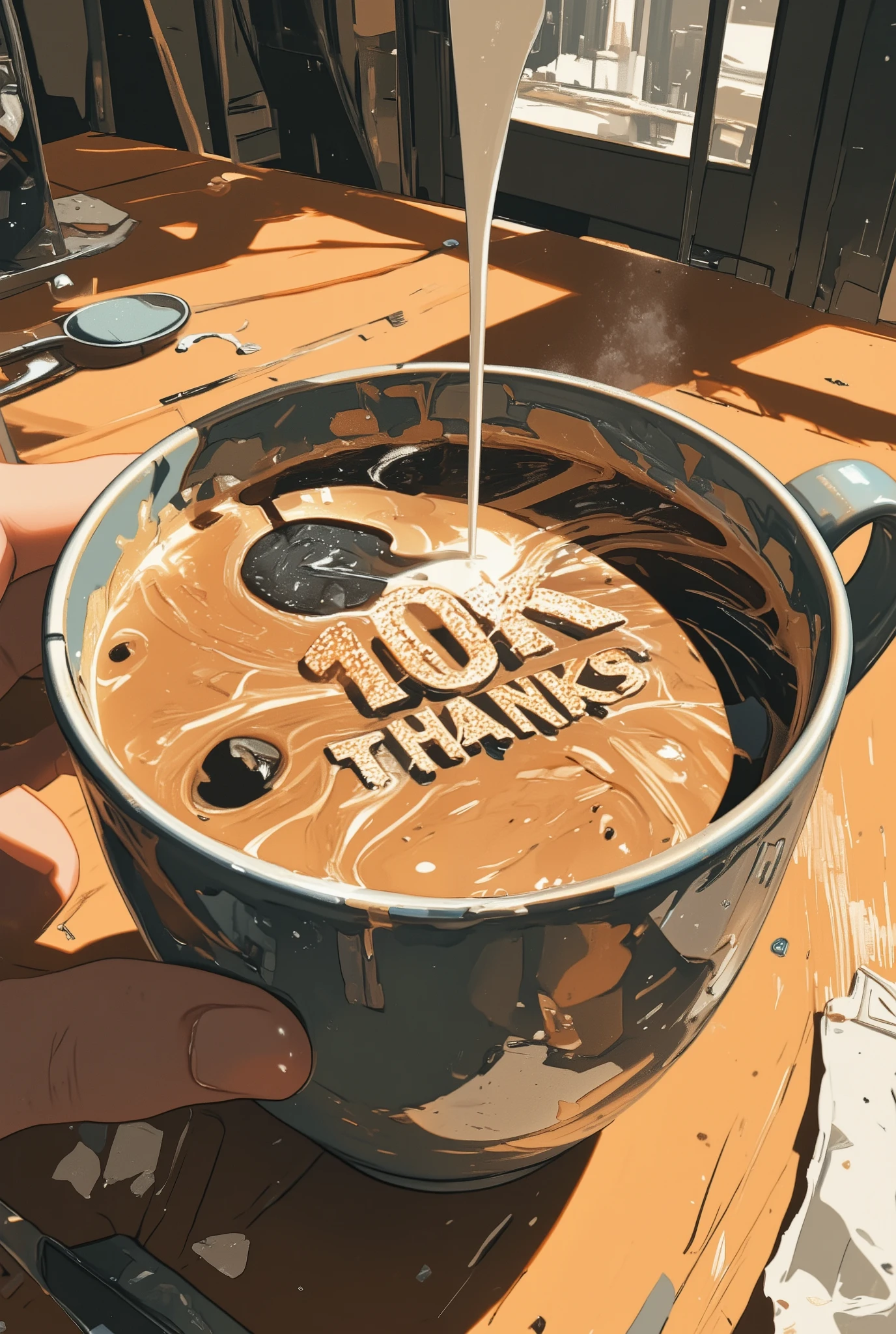 photo-realistic cinematic scene, a quiet morning table with a ceramic coffee cup, freshly poured milk swirls into the dark coffee, and for a brief moment the surface forms the words "10K THANKS" in soft, glitch-like patterns, sunlight spills across the wooden table, the hand of a woman with glasses is gently holding the cup, her face not visible, the moment is delicate, surreal, and fleeting, inspired by magical realism and visual poetry, shallow depth of field, ultra detailed, masterpiece, best quality, aidmamj6.1