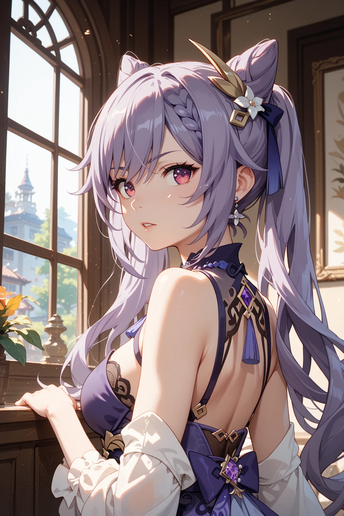 Official Art, Masterpiece European female, light purple hair , purple eyes, (​masterpiece、top-quality、hight resolution: 1.4),in 8K, Anime Art Nouveau, highly detailed exquisite fanart, anime fantasy illustration, clean detailed anime art, detailed anime art, Sharp Focus, Delicate Beautiful Hair and Eyes and Face, realisitic, ultra-detailliert, flower garden, sunlight, bunny ears, 
