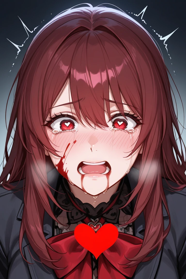 1 Girl, Vampire, Medium Breasts, Dark Red Hair, Silver Highlights In Hair, Vampire Hair Style, Long Hair, Red Vampire Eyes, Pale Skin, Smooth Skin, Soft Features, Nice Lips, Insane Smile, Cute Face, Vampire Outfit, Royal Vampire, Upper Body Shot, Crazy, Manic, Insane, Blood, Covered In Blood, Blood Splatter, Blood Sprays, Blood on Face, Blood Leaking from her Mouth, Blood on Her Chest, One Hand on Her Face, One Hand On her Chest, (Close Up On Face, Face POV), Leaning Forward to Bite the Viewer, Close Up on Mouth, 