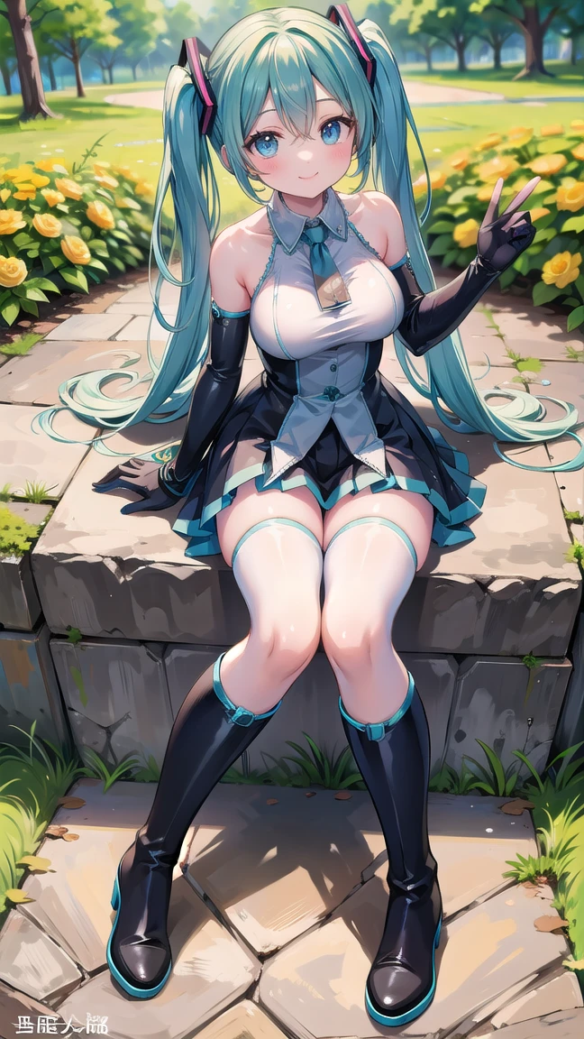 Hatsune Miku, giant tits, black lingerie very tight to the body, erect nipples, camel toe, lying in a flower garden