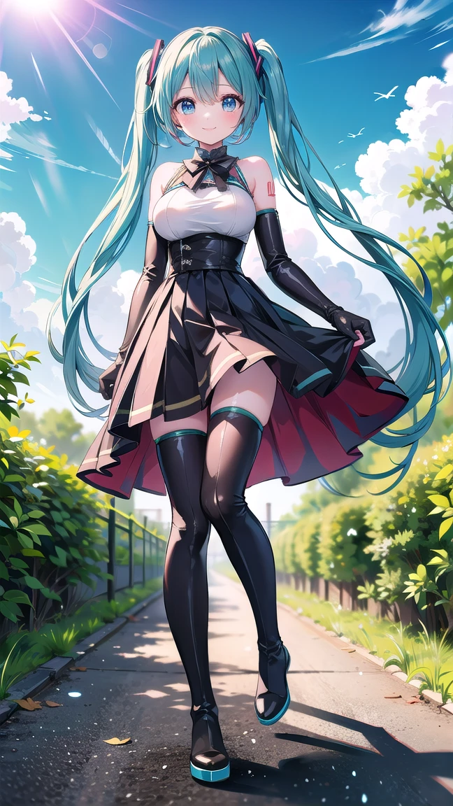 1girl, tohsaka rin, solo, long hair, thighhighs, black skirt, blue eyes, black thighhighs, black hair, masterpiece, best quality, (long legs), skinny, standing, thin, (slender), ultra-detailed, depth of field, perfect body, beautiful, colourful, small breasts, sharp focus, night, thunder, magic, grass field